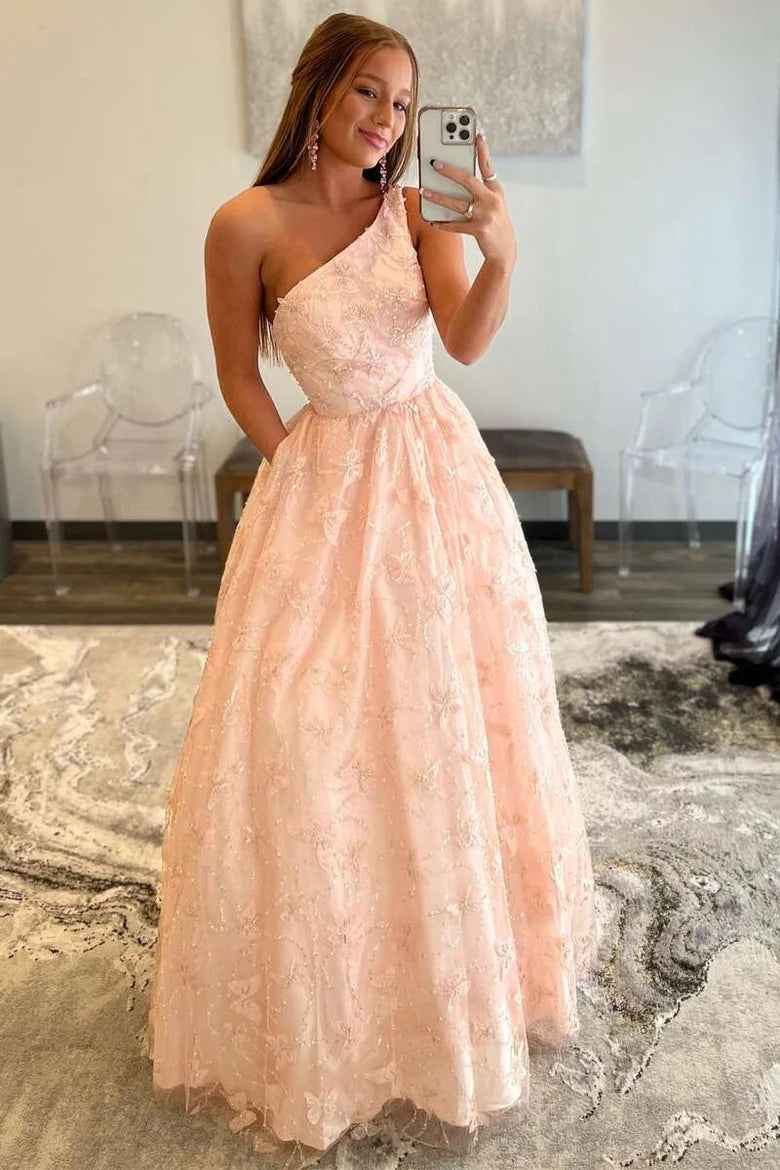 Vestido de fiesta de un solo hombro con corte en A y diseño de mariposa